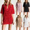 Casual V Neck Collared Short Sleeve Loose Fit Hollow Knit Mini Dress Lightweight Breathable Summer Wear