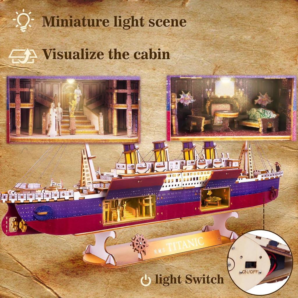 Titanic Wooden Building Block Toys LED Version Model Assembly Set For Home Desktop Decoration Gifts For Couples Women Kids 12+