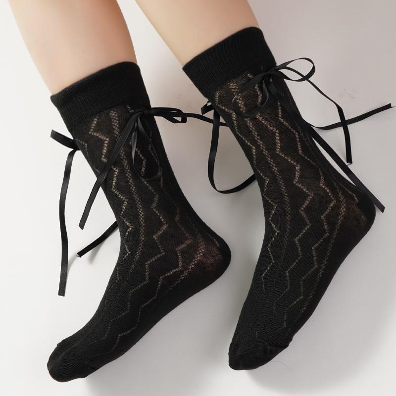 Lange Damen Socken Hohe Qualität Einfarbig Schleife Süße Socken Femme Netz Aushöhlen Niedlich JK Damen Ballett Bequeme Lockere Socken
