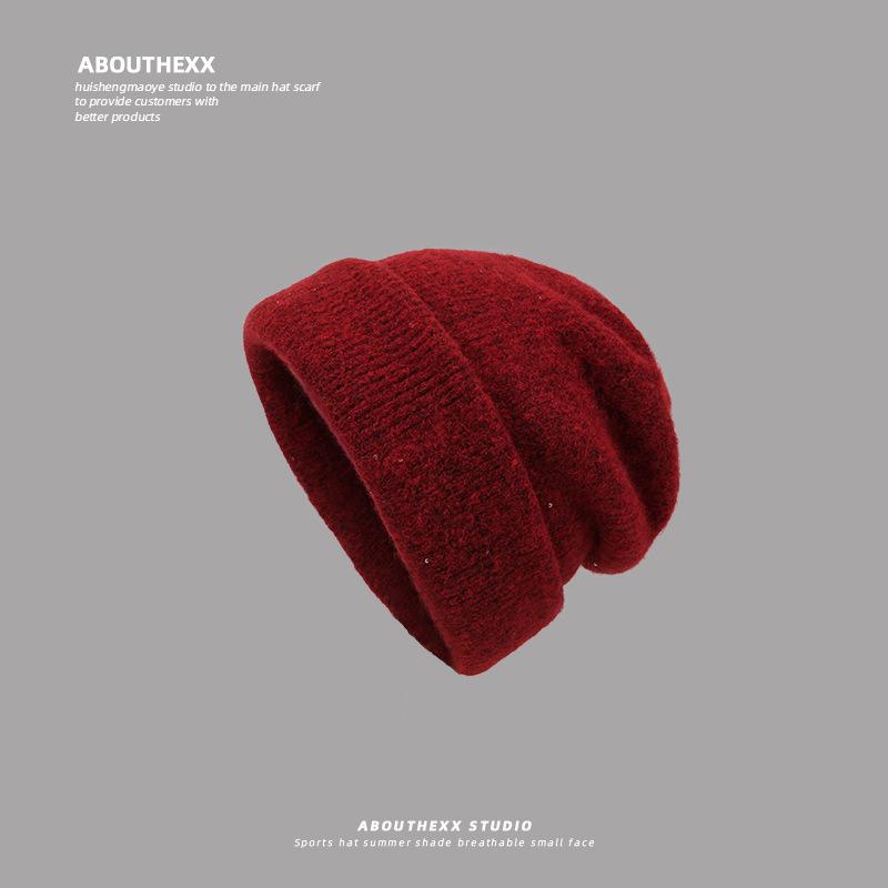 

Шерстяная шапка женская осенне-зимняя большого размера, шерстяная вязаная шапка, утолщенная теплая и холодная шапка, защита ушей, шапка-бини M（56-60cm）