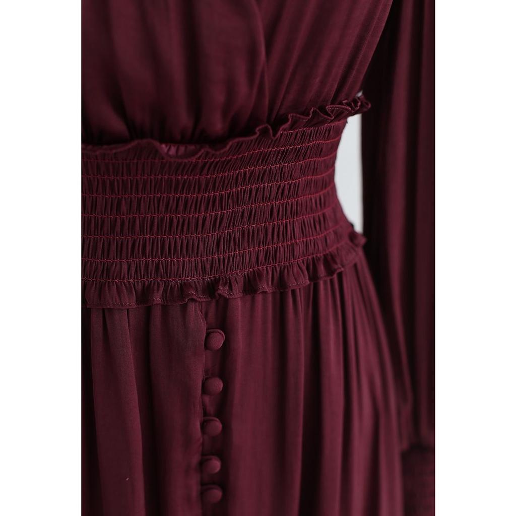 New V-Neck Long Sleeve Burgundy Women's Casual Dress For Spring Autumn