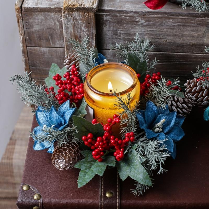 Door Wall Window Christmas Ornament Artificial Pinecone Candlestick Wreaths with Red Berries & Leaf Table Centerpiece