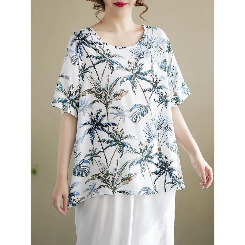Womens Leaf Print Blouse Casual Round Neck Short Sleeve Loose Fit Top