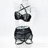 European and American sex underwear ultra-thin mesh perspective temptation cross-strap bra thong three-piece set