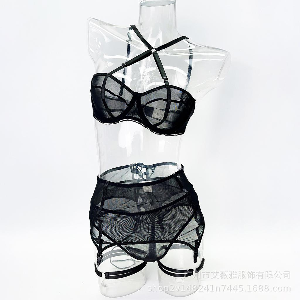 European and American sex underwear ultra-thin mesh perspective temptation cross-strap bra thong three-piece set