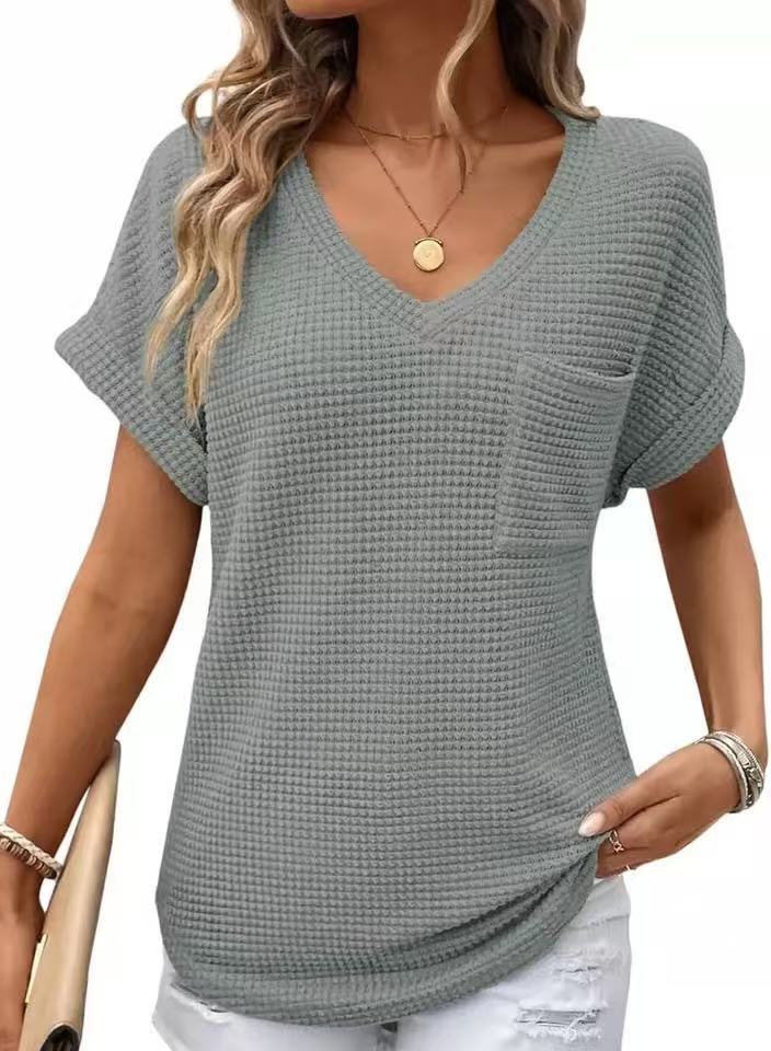 VEZFAA Damenmode, lässig, Sommer, Frühling, einfarbig, bedruckt, kurzärmelig, V-Ausschnitt, Blusen und Hemden