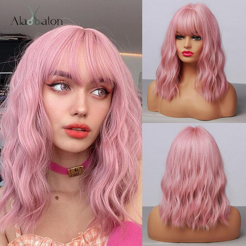 ALAN EATON Ombre Black Brown Orange Synthetic Bangs Wigs Short Wavy Bob Wigs for Women Natural Daily Cosplay Hair Heat Resistant