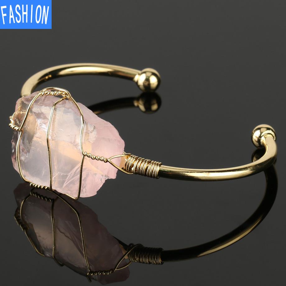 

Натуральный хрустальный браслет, большой нерегулярный браслет с кристаллами, женский ювелирный подарок Rose-Quartz золотой