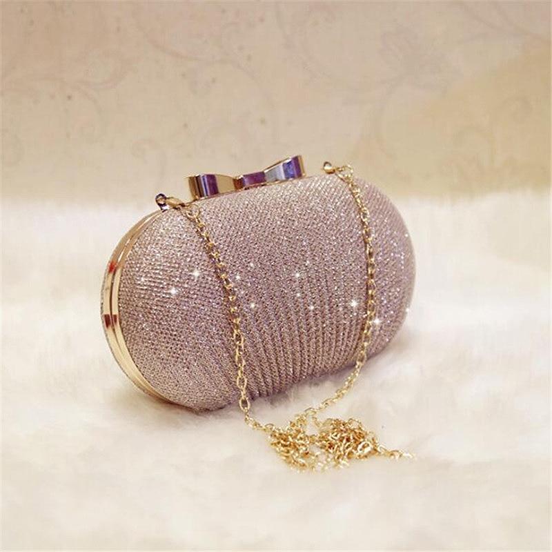 Pochette da sera dorata Borse da donna Borse da sposa lucide Pochette da sposa con fiocco in metallo Borsa a tracolla con catena