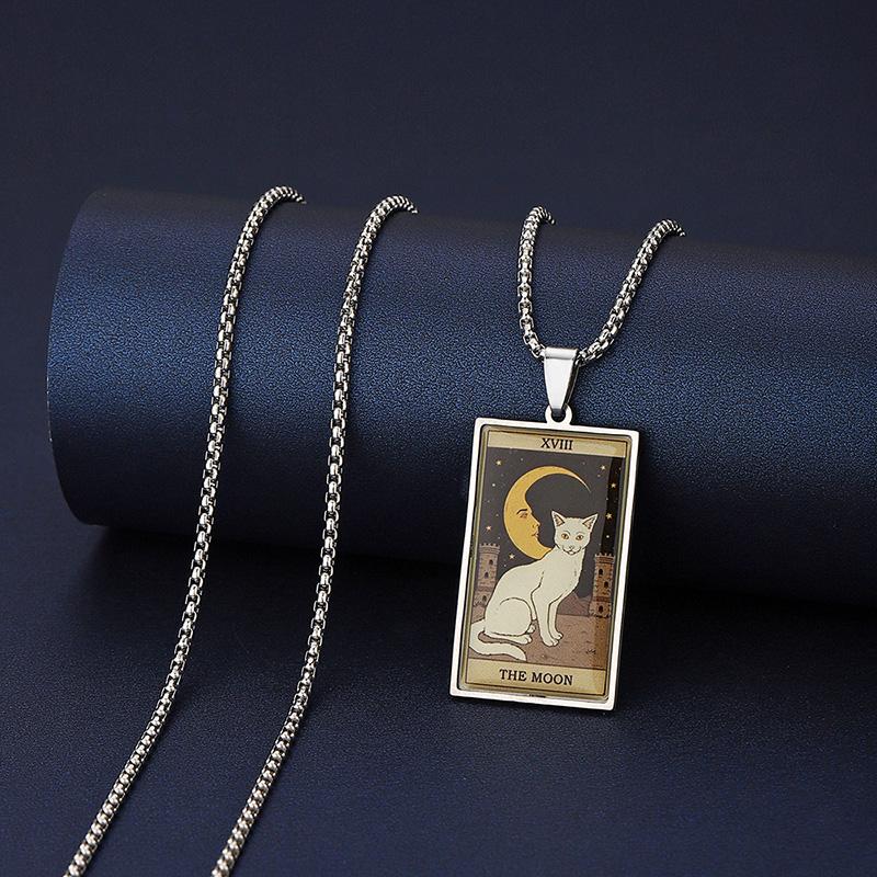Stainless Steel Epoxy Cat Tarot Card Pendant Necklace For Men Boys Animal Divination Jewelry