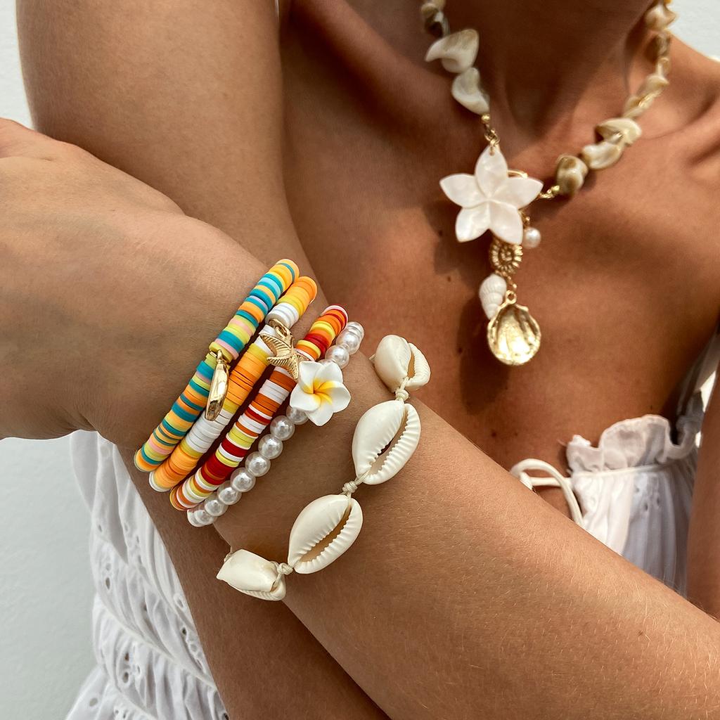 Bohemian Soft Ceramic Egg Flower Bracelet Holiday Starfish Shell Alloy Pendant Bracelet Dopamine Literary Vintage Women's Bracelet