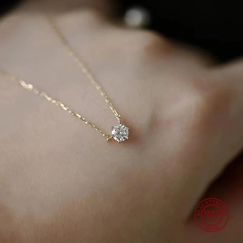 Silver Gold Plated Necklace Single Sparkling Zircon Clavicle Chain for Women Wedding Jewelry Collares