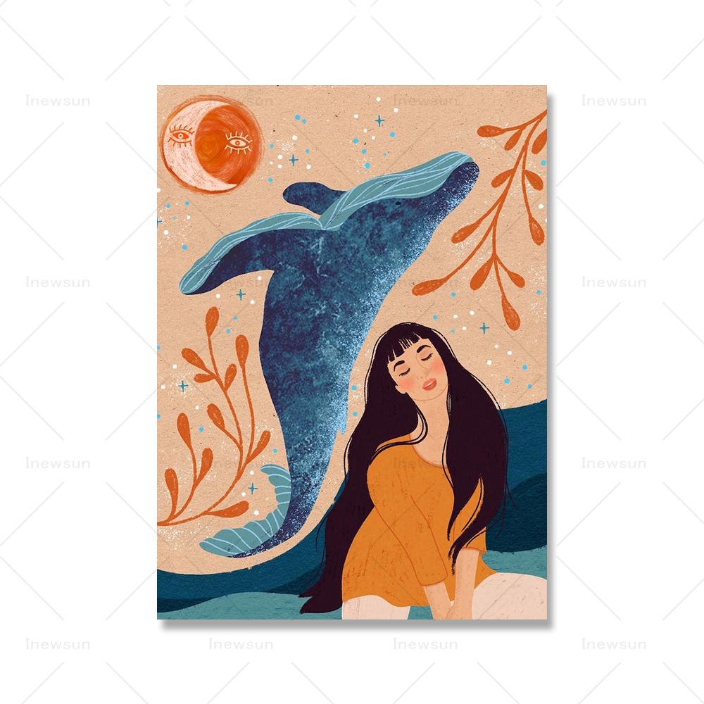Buckelwal-Mädchen Kunstdruck marokkanischen Fenster Katze Nickerchen abstrakte Landschaft Leinwand Malerei Poster nordischen Frau in Badewanne Bild Wand-Dekor