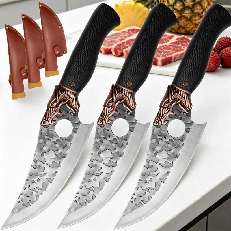 Vintage Forged Kitchen Knife Household Stainless Steel Meat Cutting Knife with Plastic Handle Forging Process Cutting Tool with Leather Knife Cover