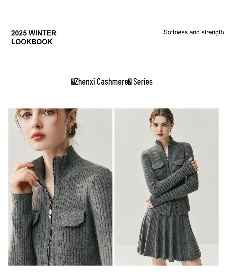 2025 Autumn/Winter Women's High Neck Cashmere Cardigan with Double-Head Zipper and Faux Pocket Detailing