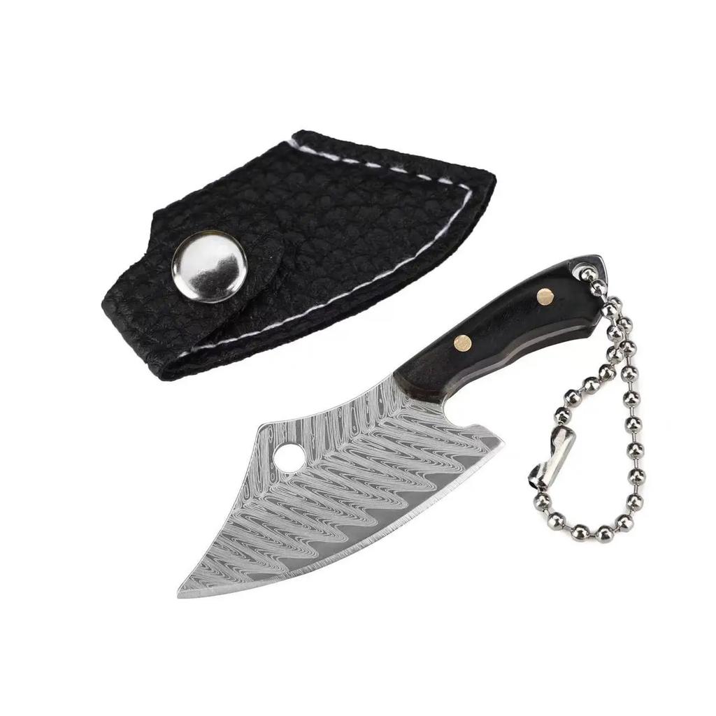 New Mini Wooden Handle Knife Outdoor Camping Open Box with Chain Portable EDC Key Knife with Leather Sheath Chain