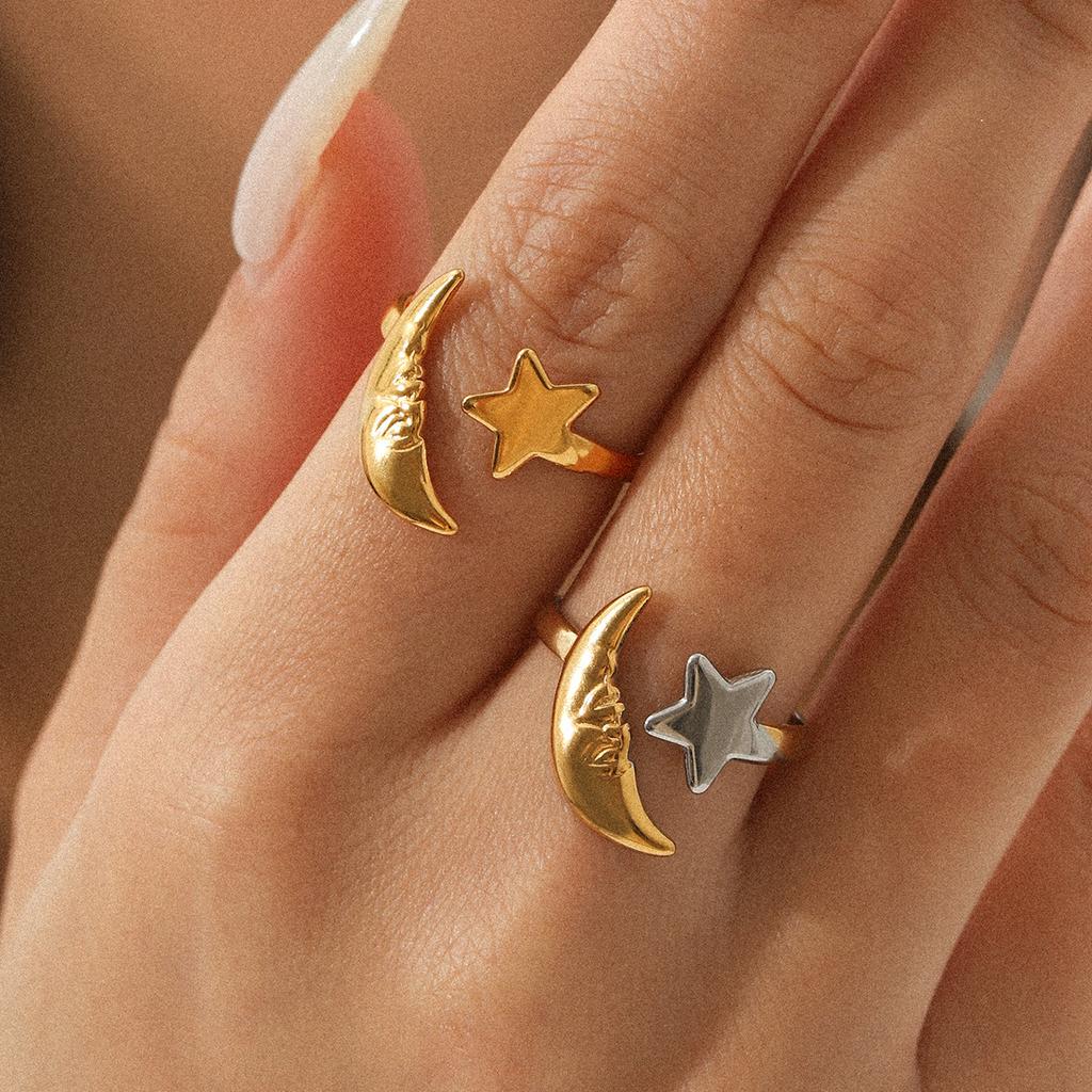 18K Gold Stainless Steel Star and Moon Open Ring, Stylish Color-block Adjustable Ring for Women