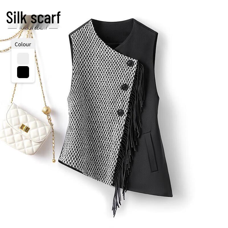 

Women s Plaid Tassel Color-Block V-Neck Vest XL