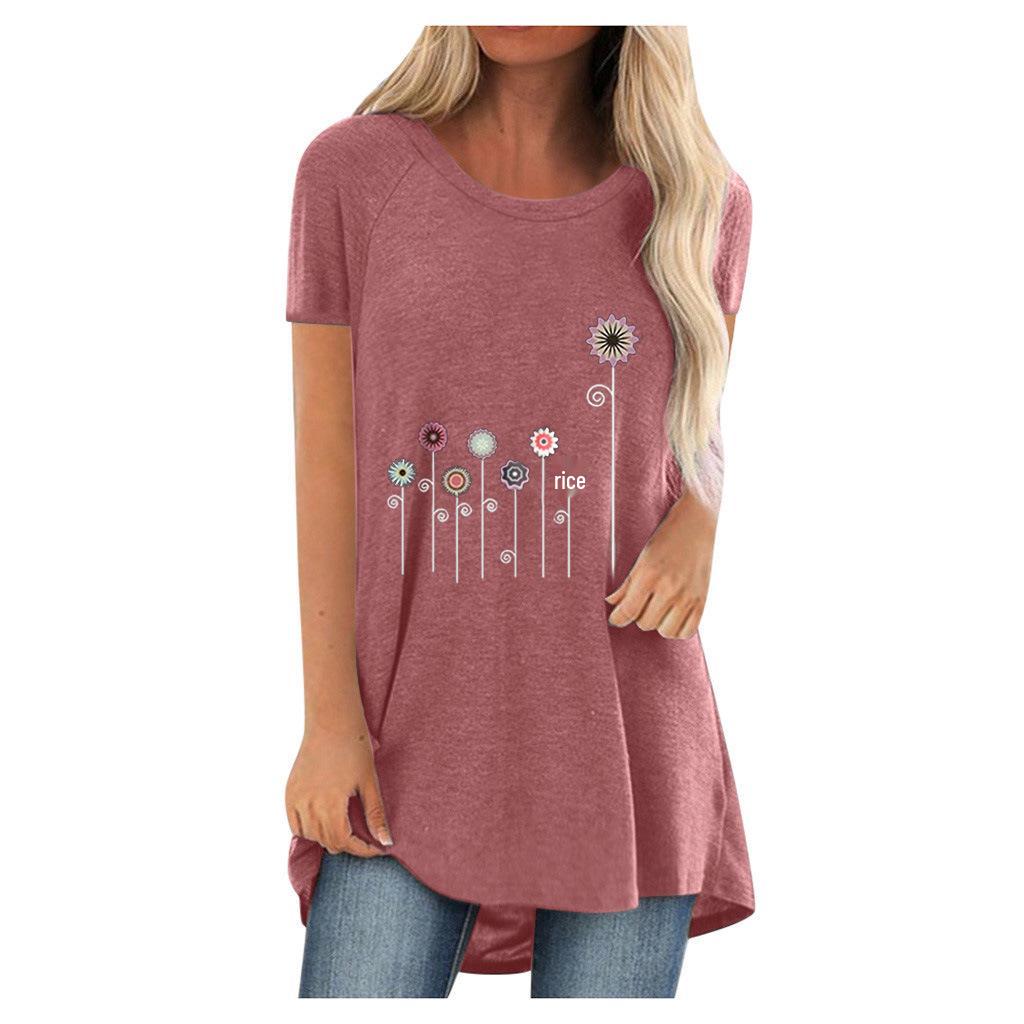 2022 Summer Casual Plus Size Round Neck Solid Color Loose Short Sleeve Printed T-Shirt