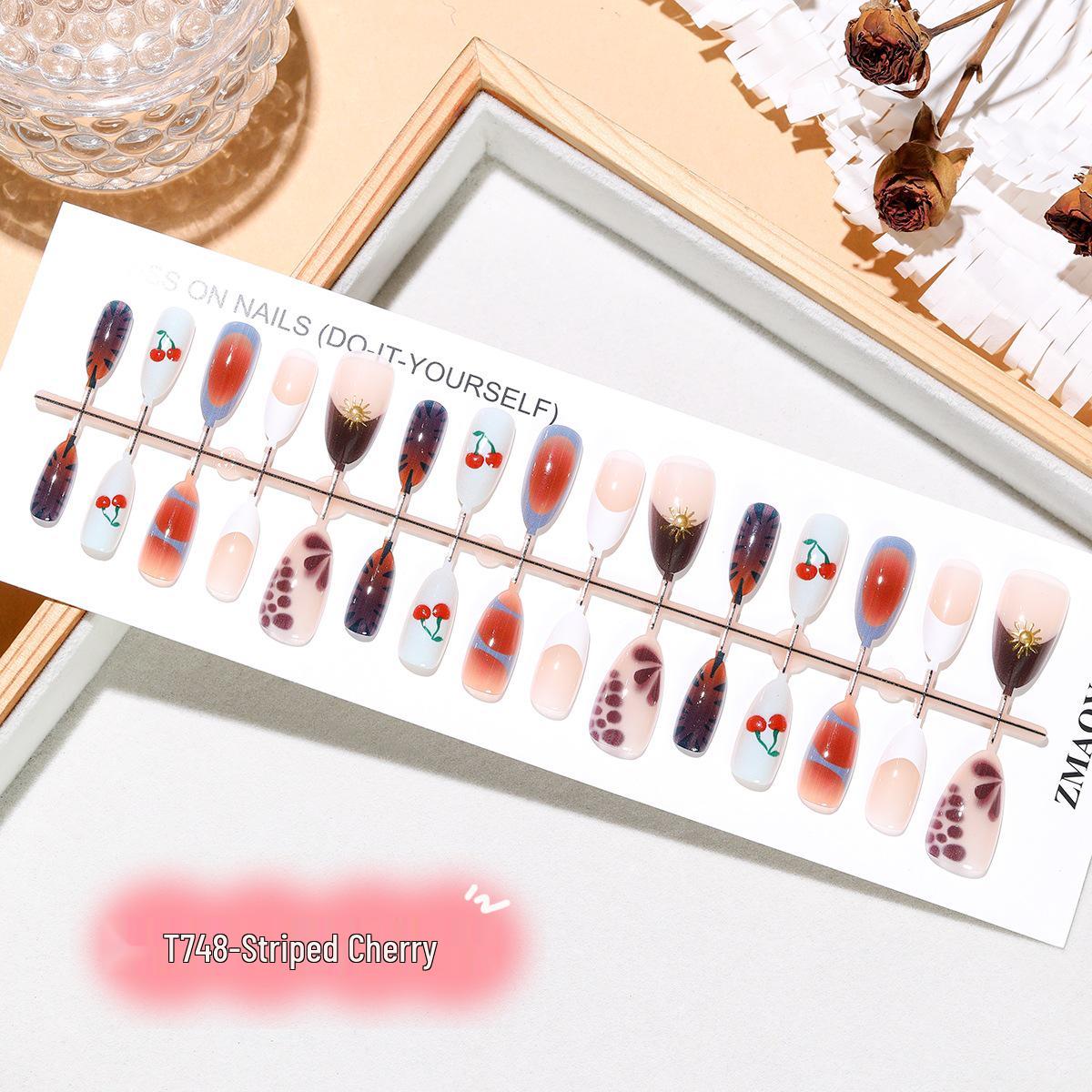 

T748# Striped Cherry Blossom Almond 3D French Cat Eye Nail Stickers - Sweet, Cool & Contrasting Colors Full Stripe S/S/S