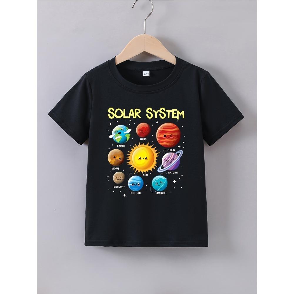 Summer baby boy clothing, girls' casual solar system planet printed T-shirt, children's fashionable round neck short sleeved top