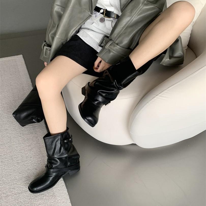 Coarse Heel Black British Medium Martin Boots Women's Boots 2025 Spring and Autumn Single Boots Western Pants Pile Pile Short Boots