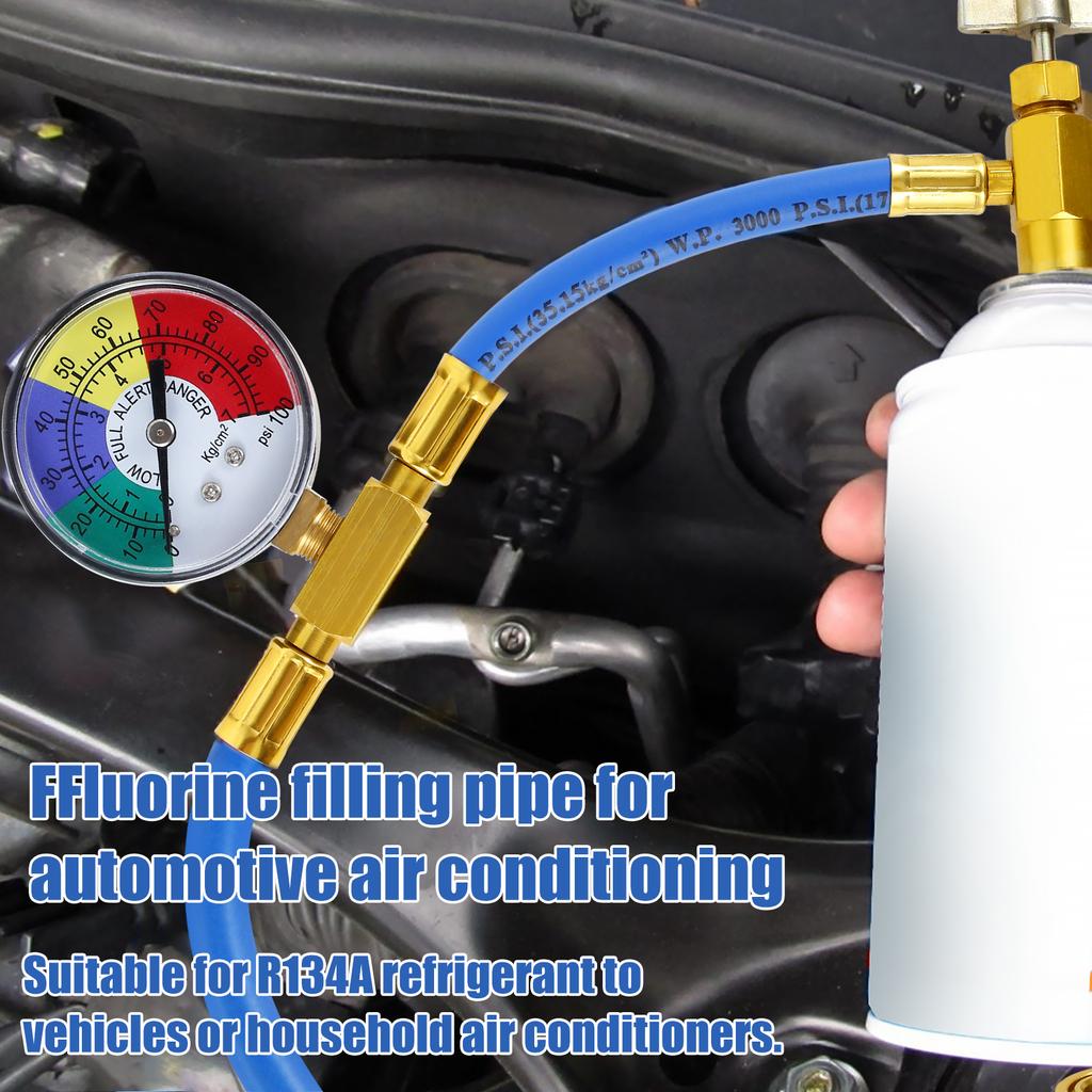 Metal AC Refrigerant Recharge Hose Kit with 1/2 Acme Thread Pressure Gauge Sturdy R134A Car Air Conditioner Recharging Hose