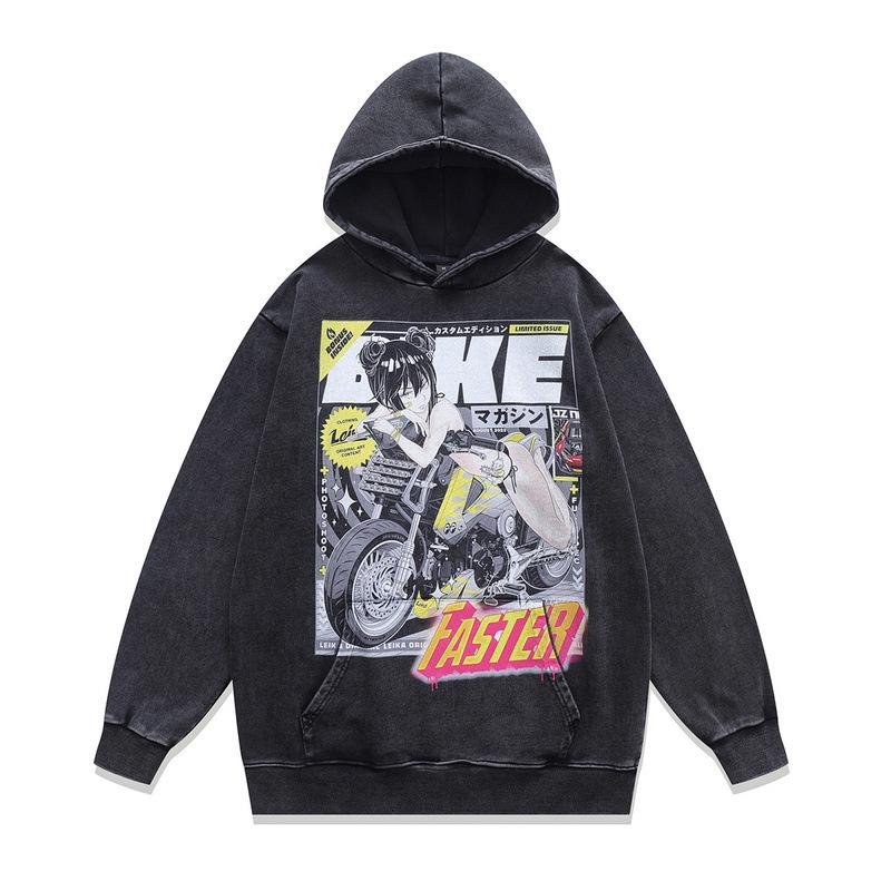 Japanese Animation Printed Hoodie Retro Washed Old Loose Heavy Hooded Sweater Jacket Men And Women