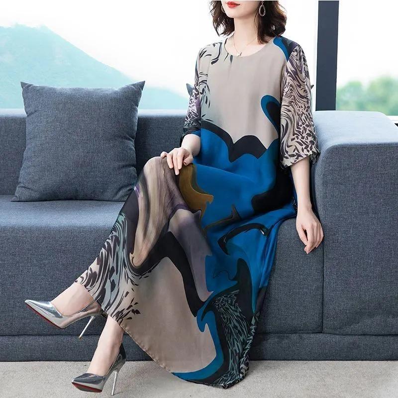 Women's Abstract Art Print Maxi Dress Round Neck Half Sleeve Loose Casual Summer Dress