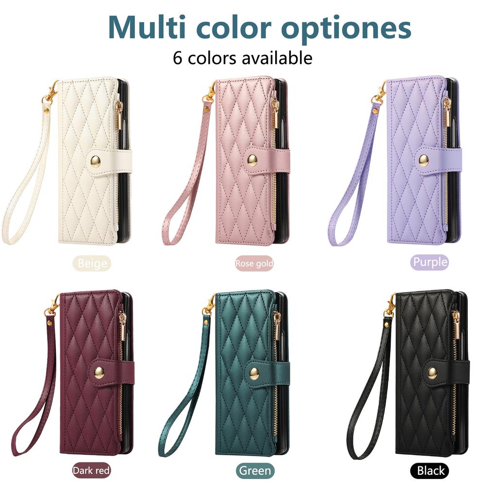 Crossbody Zipper Cards Solt Wallet Leather Rhombus Case for Samsung Galaxy Z Fold 7 6 5 4 3 5G Bag Pocket Long Lanyard Purse