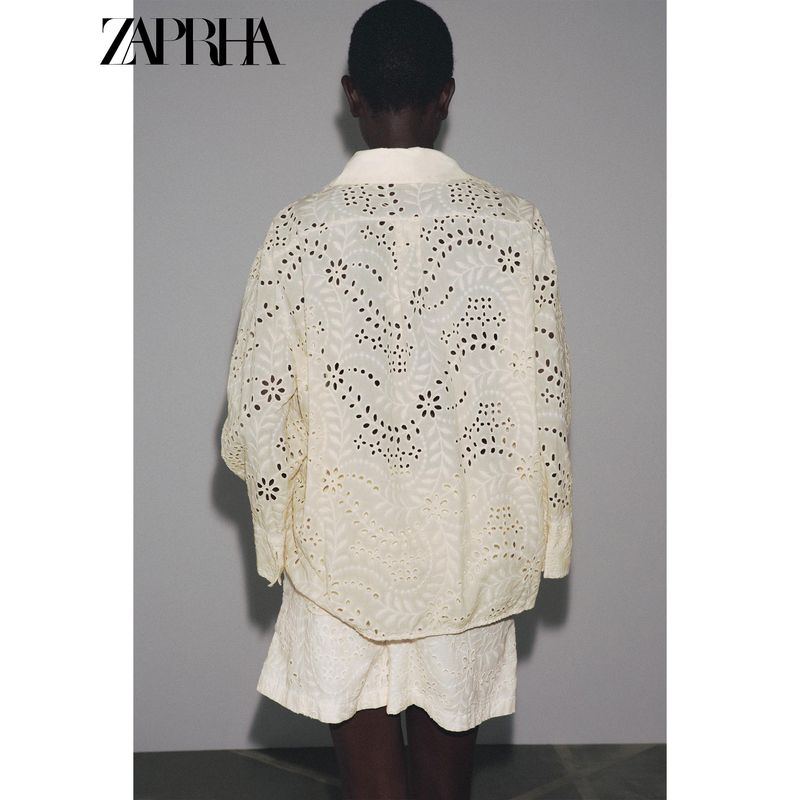 Zaprha 2025 Summer New French style Style Hollow Embroidery Thin Lapel V-neck Long sleeve Shirts 4786105