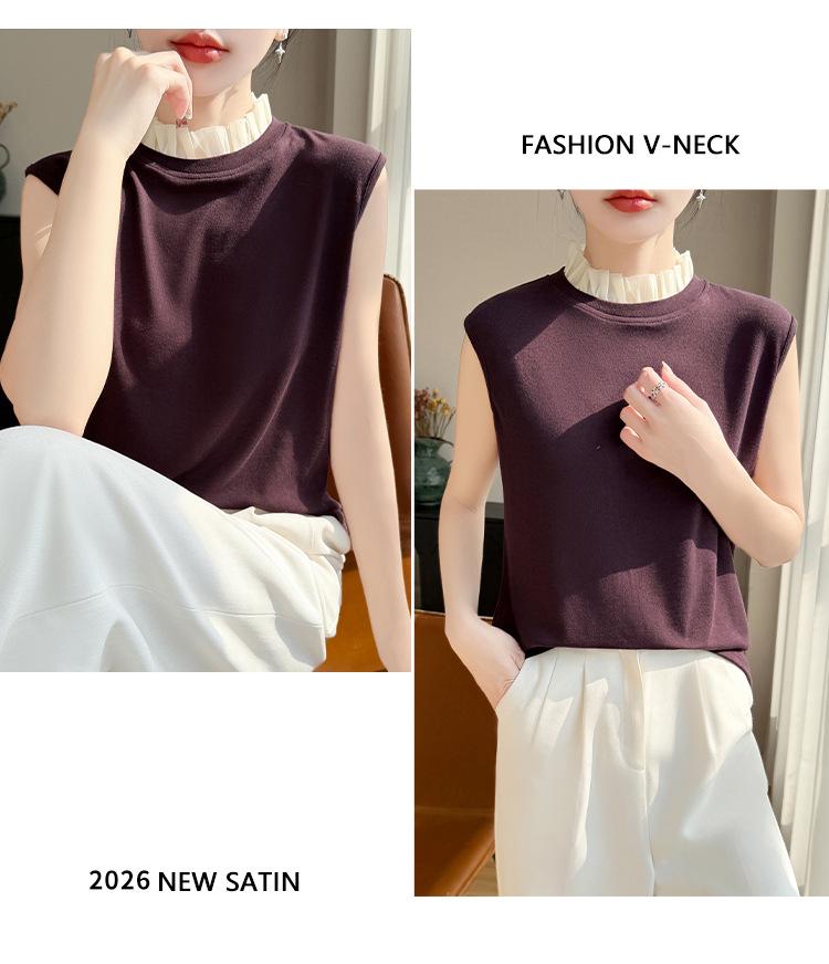 2026 Spring/Summer Women's Color Block Tencel Wool Organza Sleeveless Knit Vest