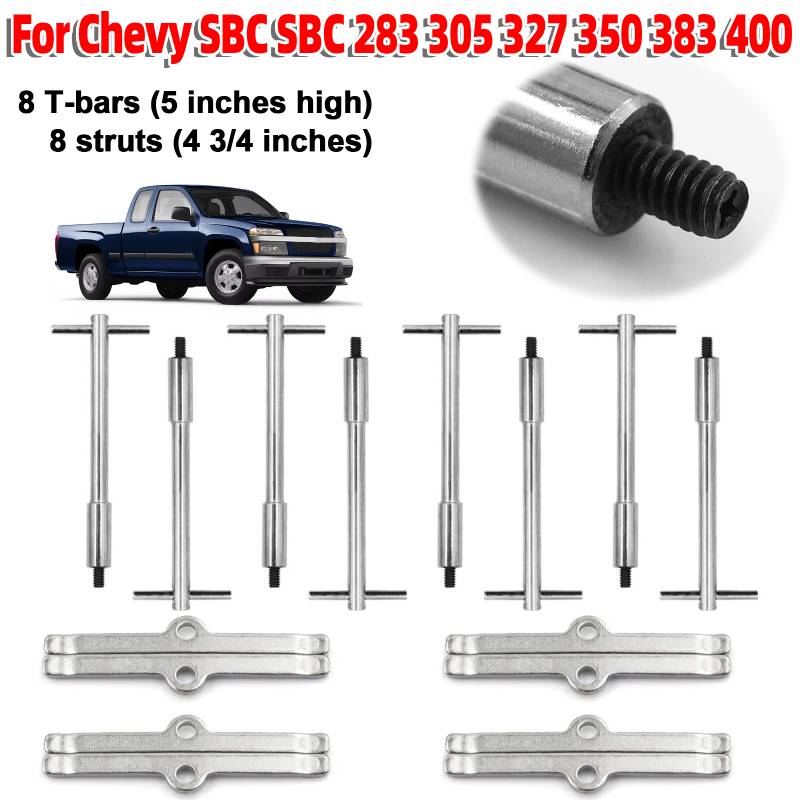 16Pcs Bolts Tabs Tall T-Bar Valve Cover Hold Down Kit T-Bar Valve Cover Center Bolts Set for SB 265 283 302 305 307 327 350 400