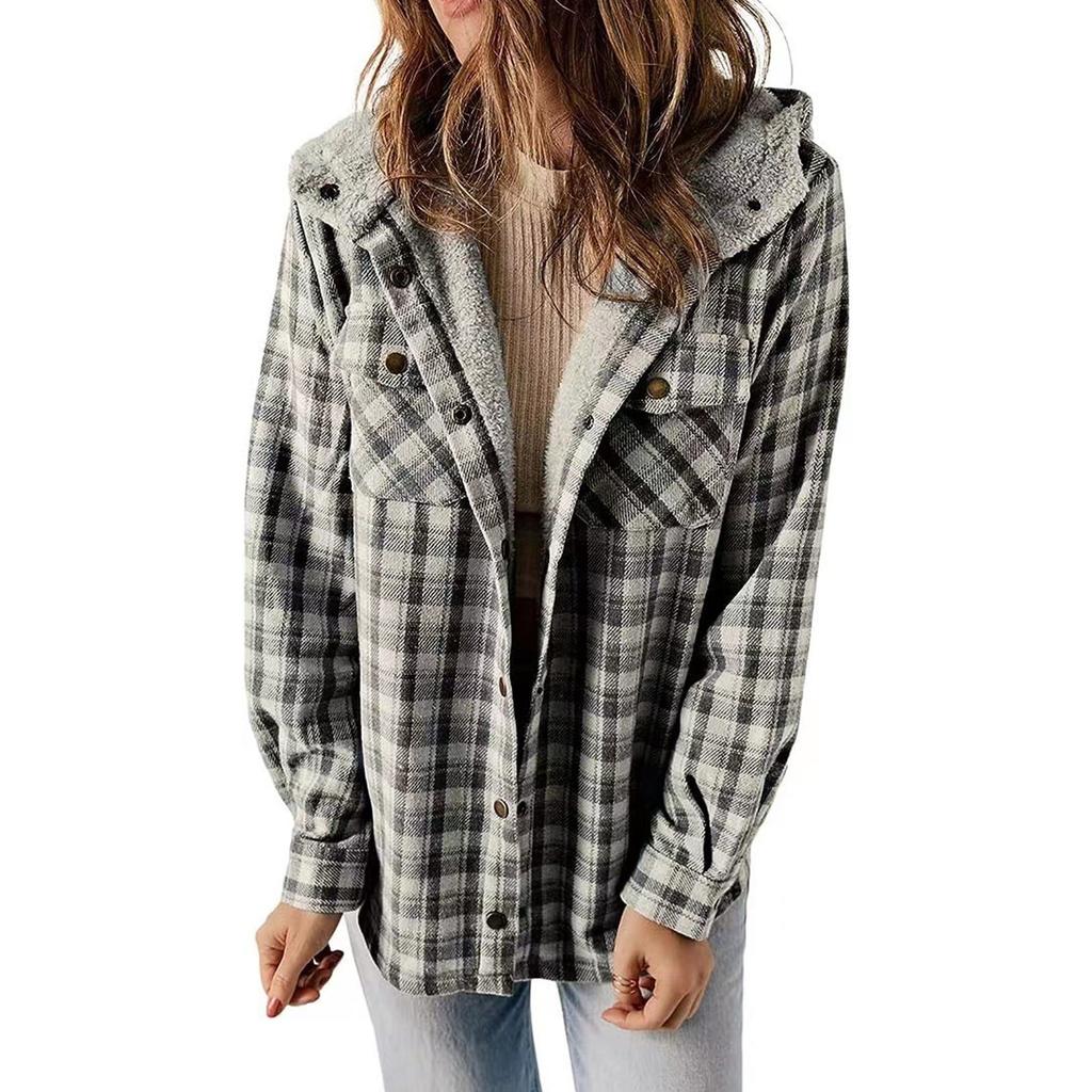 Womens Plaid Shacket Jacket Long Sleeve Button Down Fleece Hooded Jackets Warm Coat