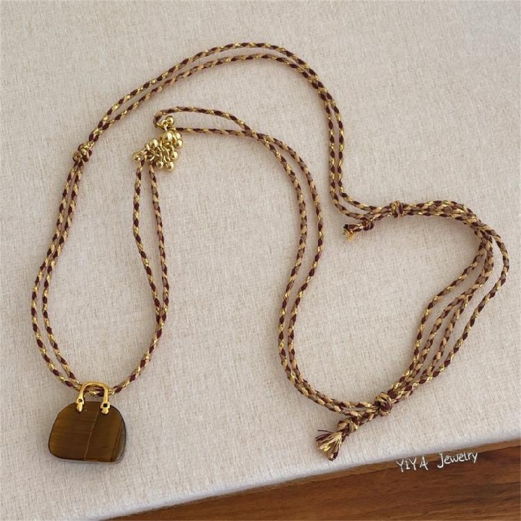 Artisanal Crafted Natural Tigers Eye Stone and Rope Bag Necklace Unique Design Comfortable Wear for Fashion Forward Women Accessory