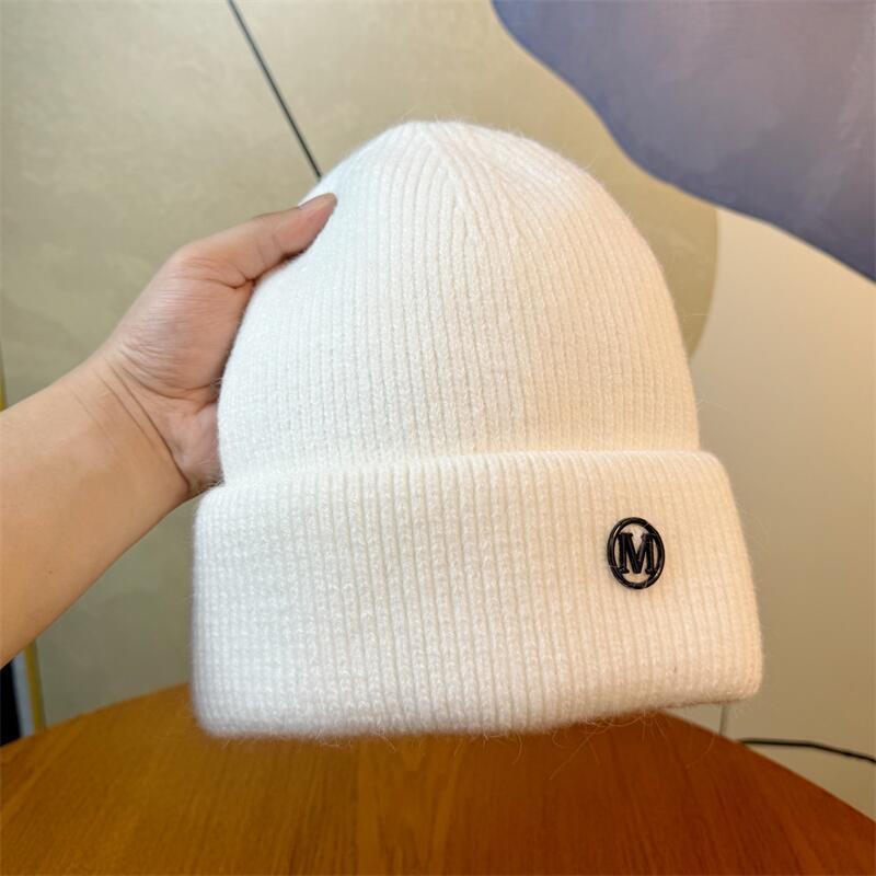 New Letter M Logo Rabbit Fur Beanie Women's Autumn and Winter Korean Version Versatile Thickened Warm Hat Ear Protection Rabbit Fur Knitted Hat