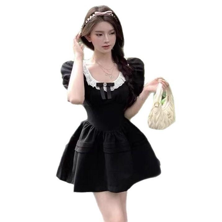 French high-end Hepburn style daughter feeling small black dress women's summer niche square neck bow bubble sleeve dress