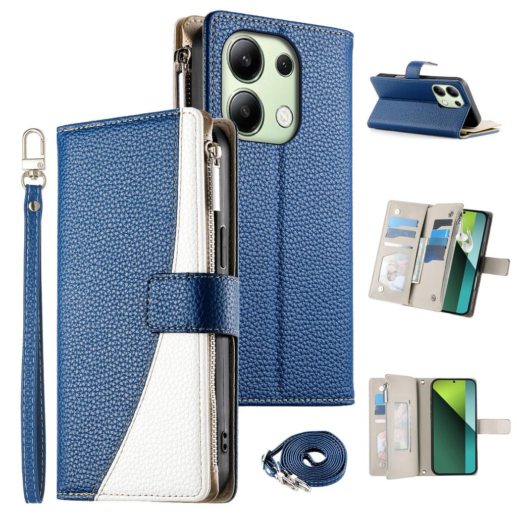 For Xiaomi Redmi Note 13 4G Case Zipper Wallet Color Splicing Leather Flip Phone Cover with Straps