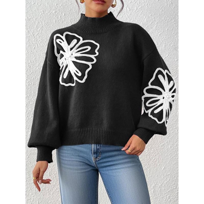 Women's Autumn and Winter Tops Three-dimensional Ribbon Embroidered Flowers Half Turtleneck Lantern Sleeve Pullover Sweater