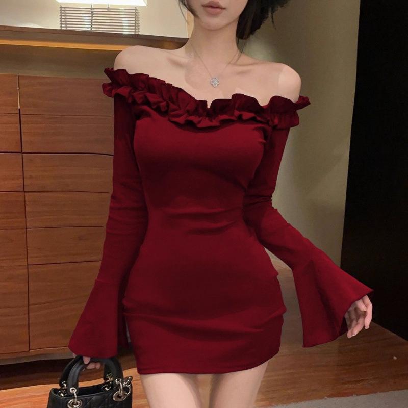 One-word shoulder long-sleeved dress off-the-shoulder thin lace flared sleeves tight hip-wrapped short skirt cotton S