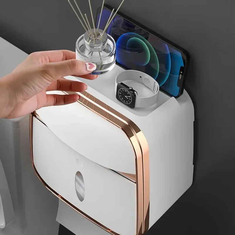 Wall-Mounted Waterproof Toilet Paper Box No-Nail Toilet Tissue Box Free-Punch Tissue Box Toilet Paper Roll Paper Storage Rack