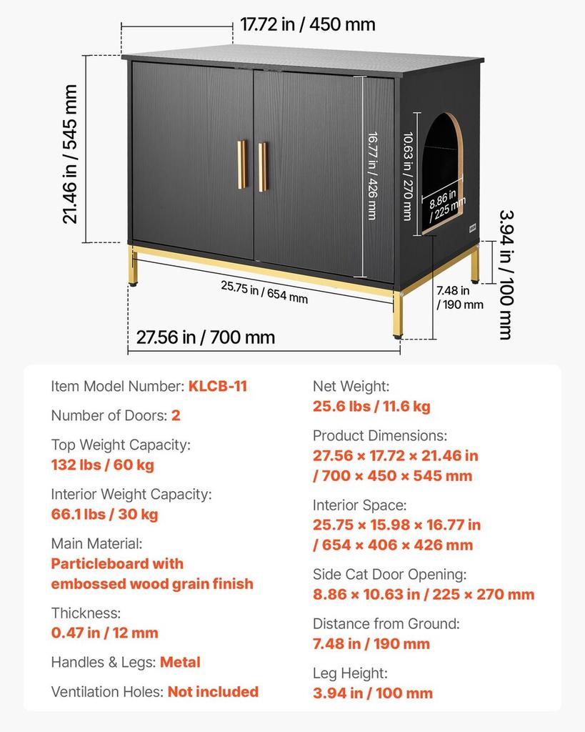 Cat Litter Box Enclosure Furniture, 70 cm Hidden Litter Box Cabinet with Metal Legs & Handle, Modern Style Cat Washroom House End Table, Fit Most of