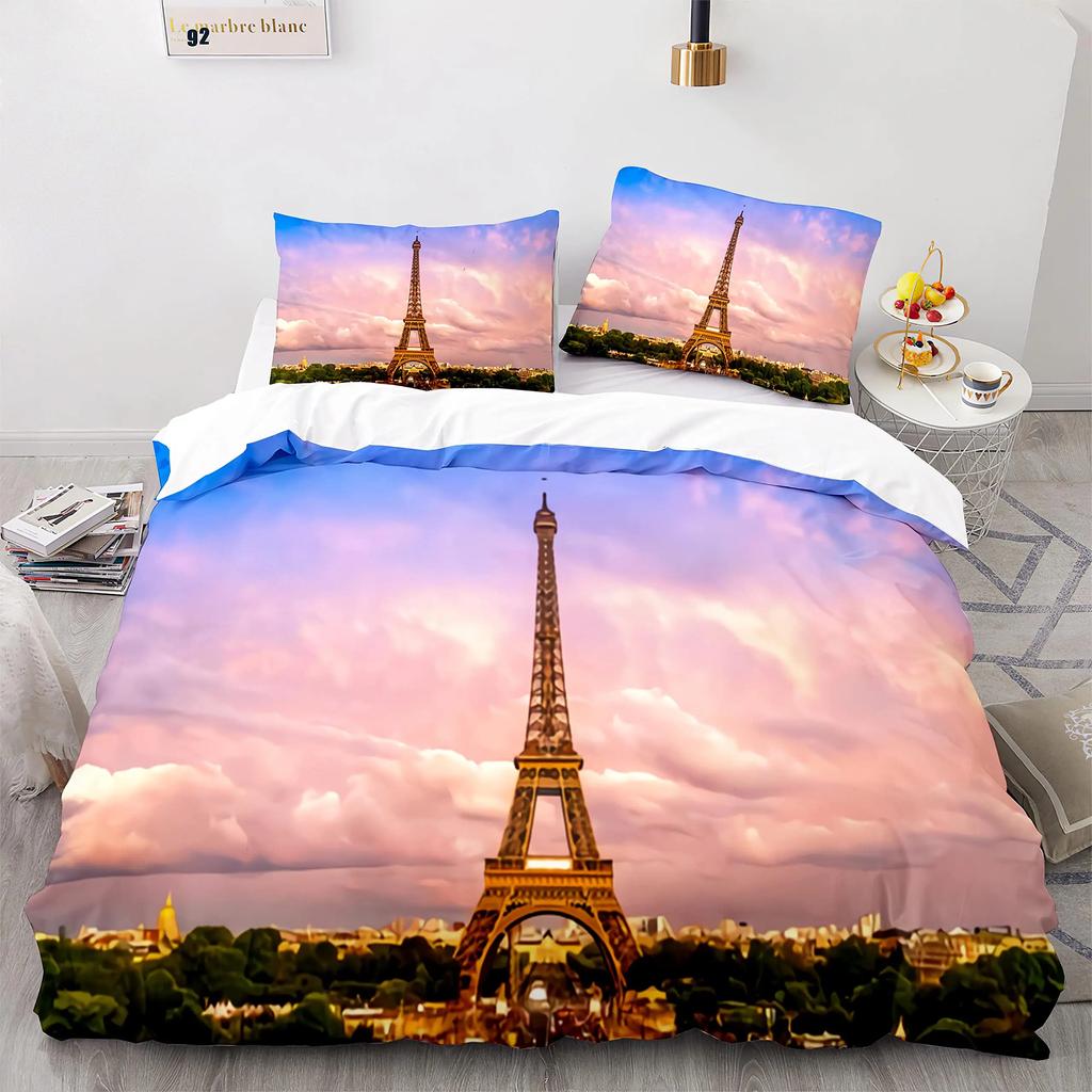 Eiffel Tower Duvet Cover Set King Size Paris Cityscape Twin Bedding Set Modern French Style Polyester Comforter Cover Boys Girls