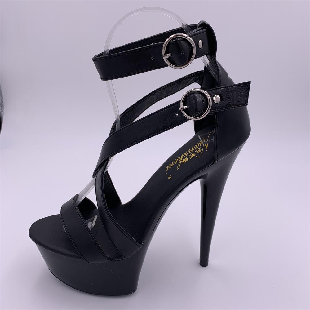 Summer black waterproof table fashion buckle round head one size thin heel super high heel 15CM fashion sandals