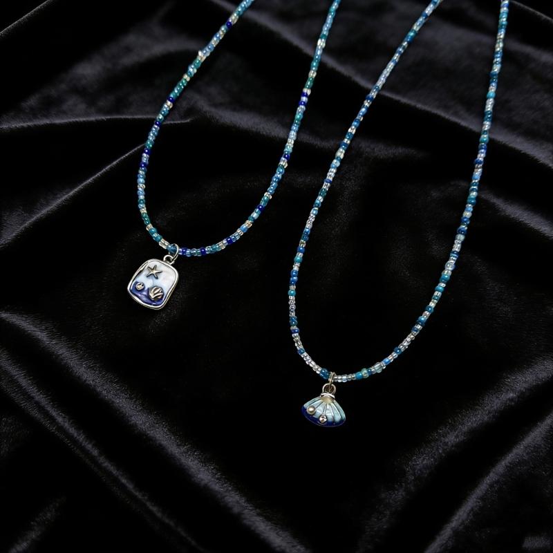 Unique Beach Style Beaded Necklace Blue Shell Pendant Detail Clavicle Chain Adjustable Length Neckchain