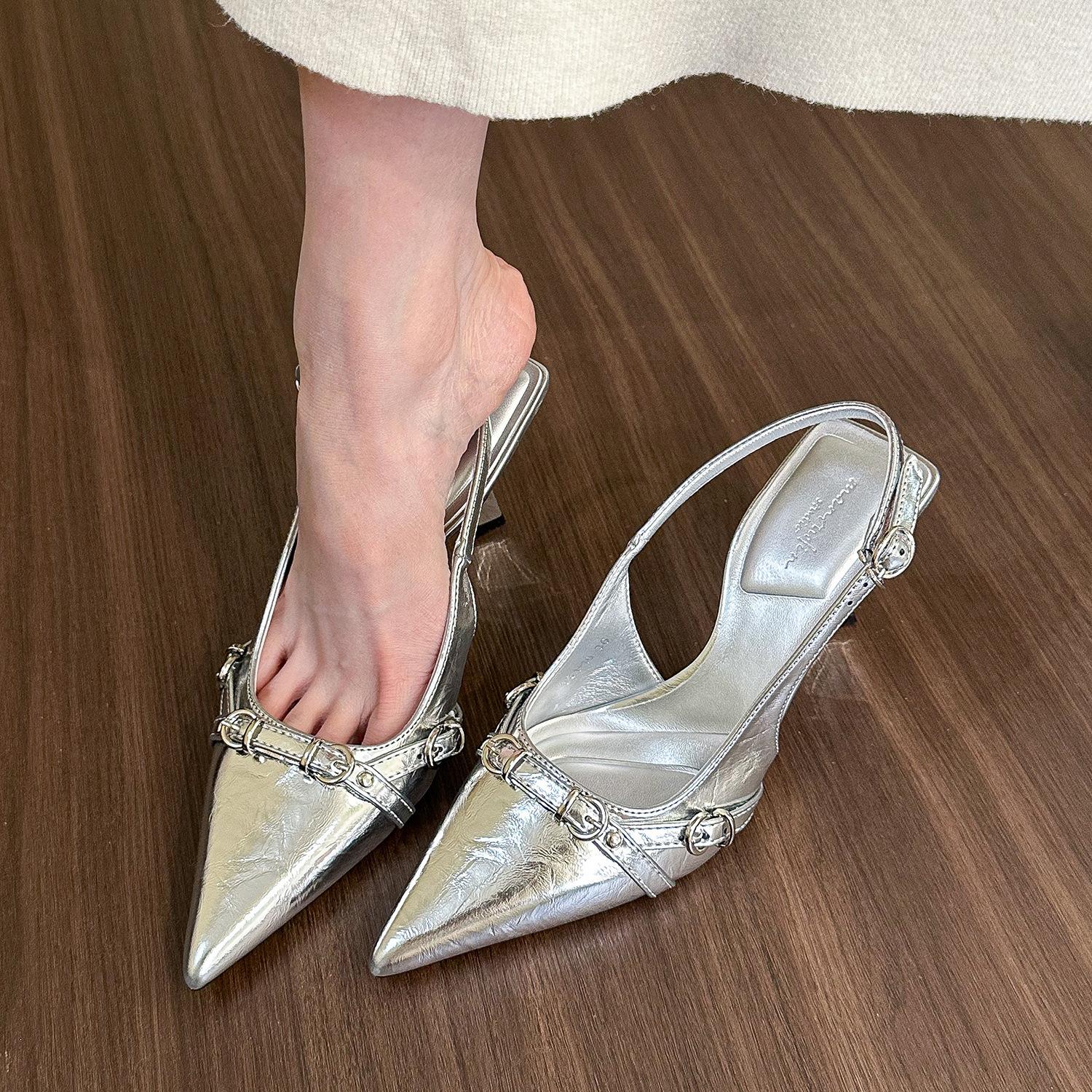 

Silver pointed sandals women s back empty spring and summer 2024 bag head light mouth stiletto high heels 34 серебряный