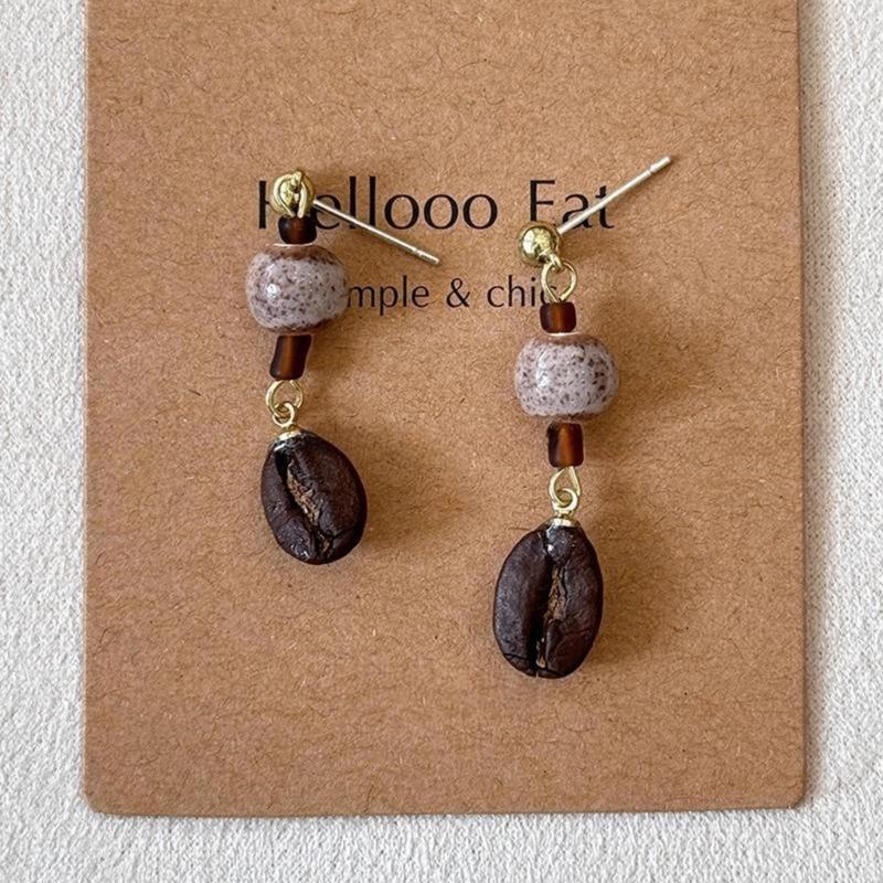 Unique Coffee Bean Studs Earrings for Fashion Enthusiasts Lightweight Wood Beaded Ear Pendants Jewelry for Daily Wear