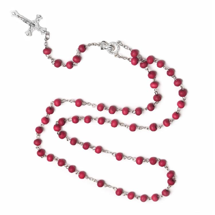 Crossed Rose Sutra Wood Necklace Wooden Beads Red Rosary Catholic Necklaces