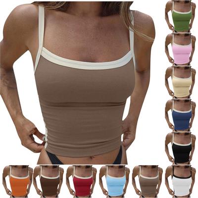 Women's Girl Open Back Short Tank Top Color Contrast Slim Top Casual Undercoat Top