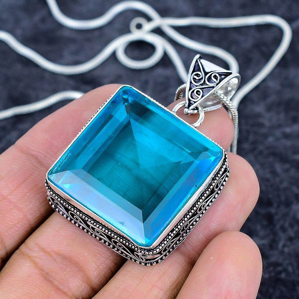 Blue Topaz Gemstone Handmade 925 Sterling Silver Jewelry Pendant 1.97" M-3230